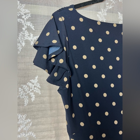 Lauren Ralph Lauren Polka Dot Midi Dress Ruched Wrap Style Navy Size 12 - Picture 10 of 11